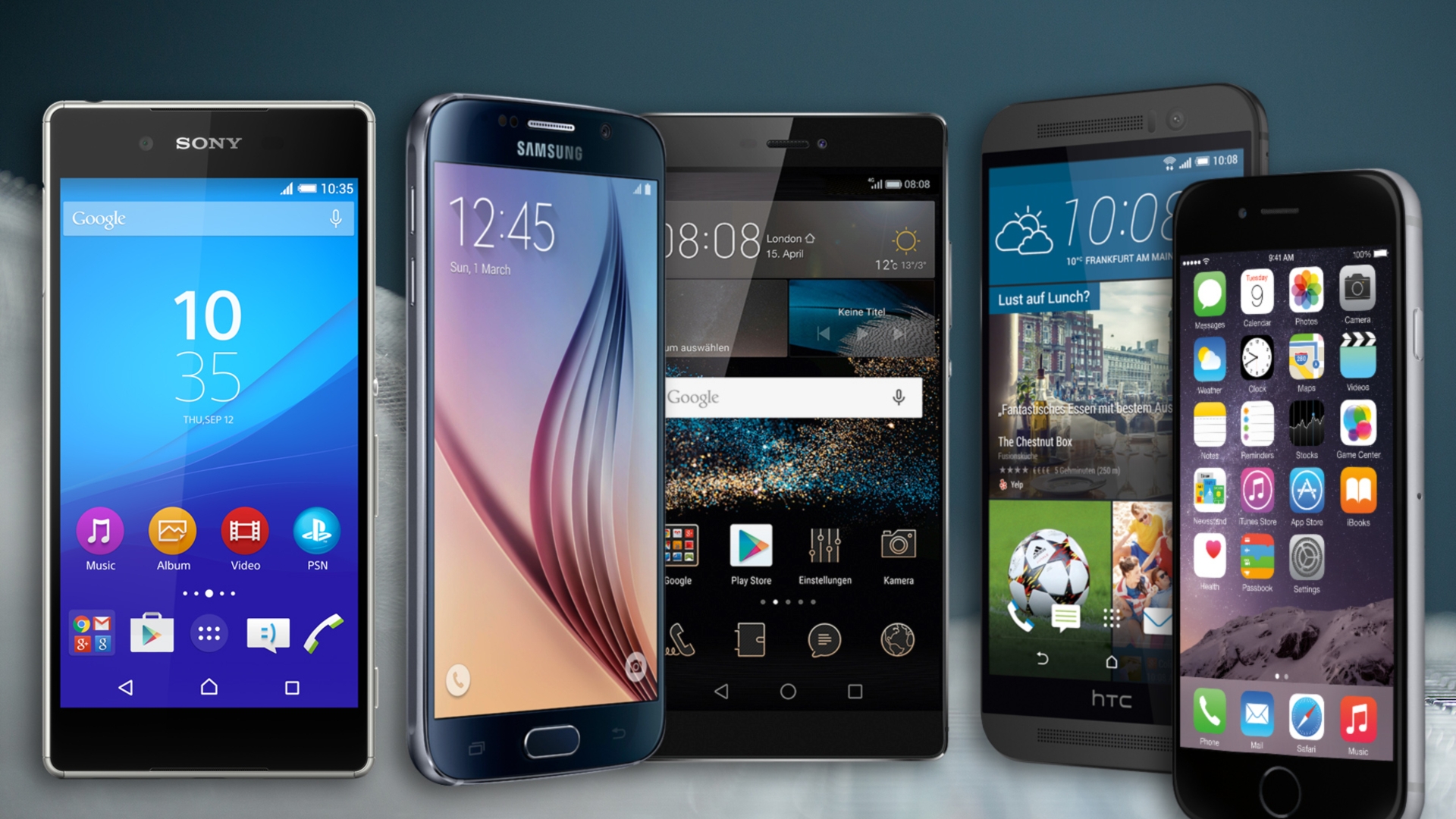 Das Sony Xperia Z4, Samsung Galaxy S6, Huawei P8, HTC One M9 und iPhone 6 stellen sich dem Vergleich.