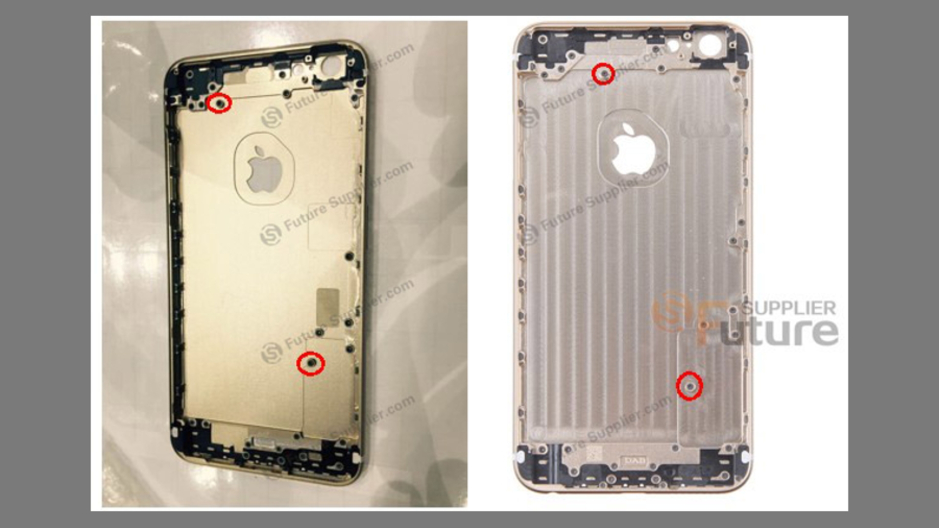 Beim geleakten iPhone 6s Plus-Gehäuse (links) liegen die Schraubengewinde anders als beim iPhone 6 Plus Beim geleakten iPhone 6s Plus-Gehäuse (links) liegen die Schraubengewinde anders als beim iPhone 6 Plus