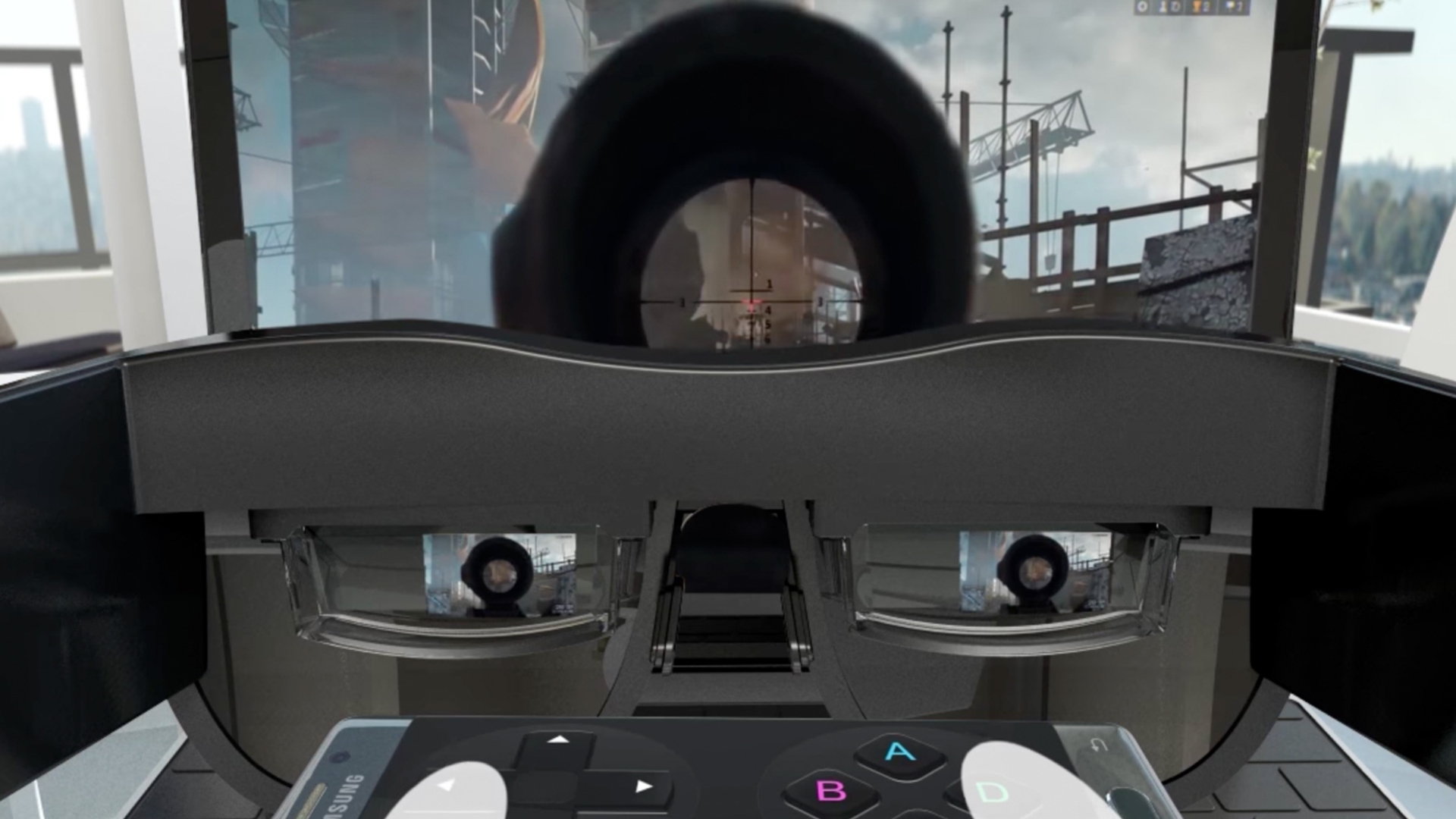 Monitorless Samsung AR-Brille "Monitorless" vor PC-Monitor