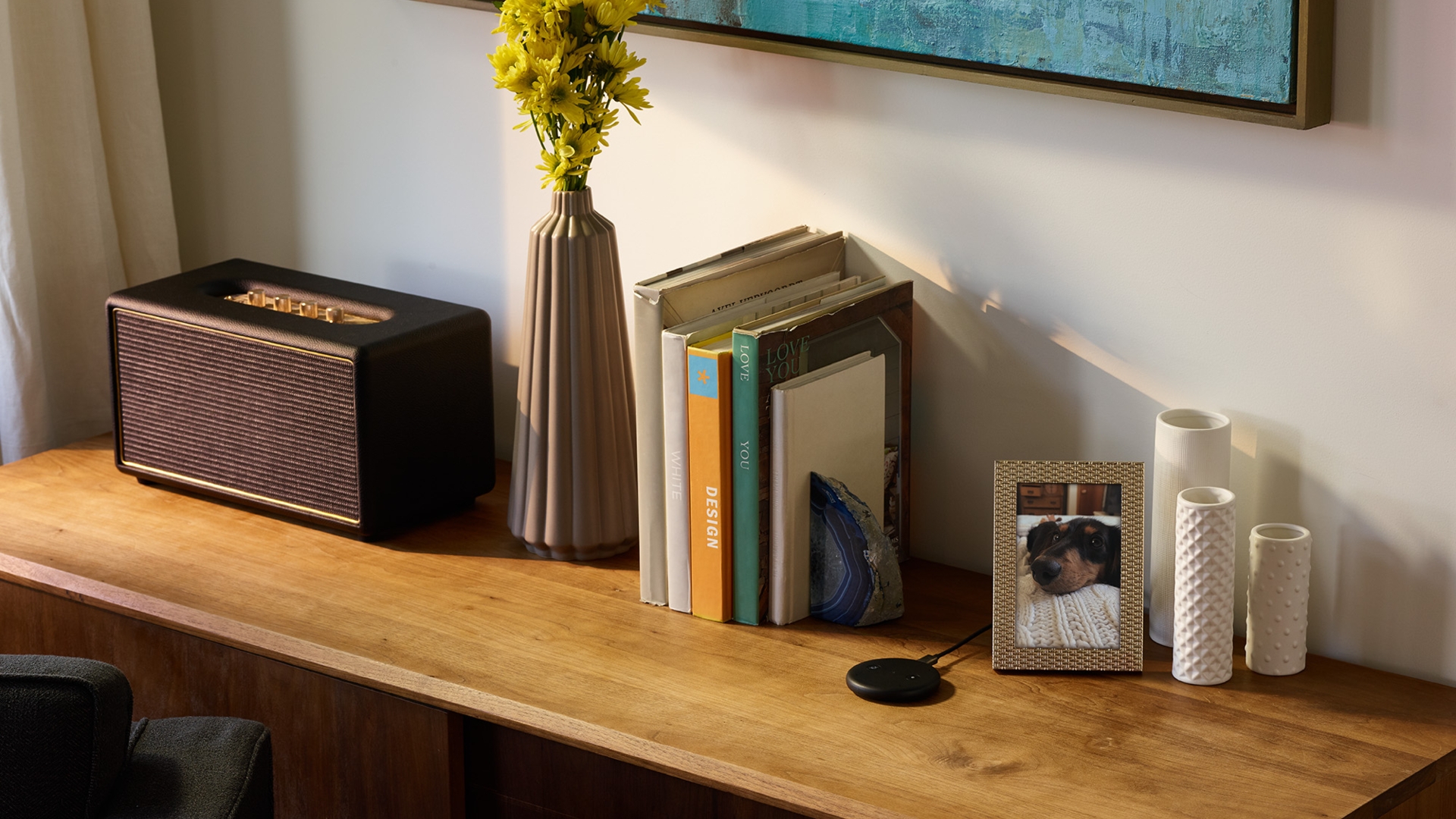 Amazon Echo Input Anrichte mit Lautsprecher und Büchern.