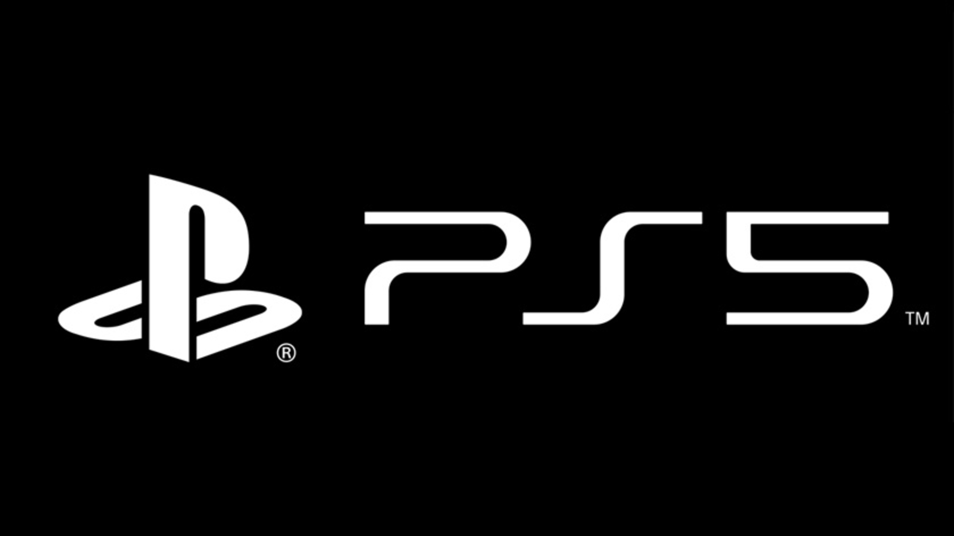 Das PlayStation 5 Logo in Weiß auf schwarzem Hintergrund