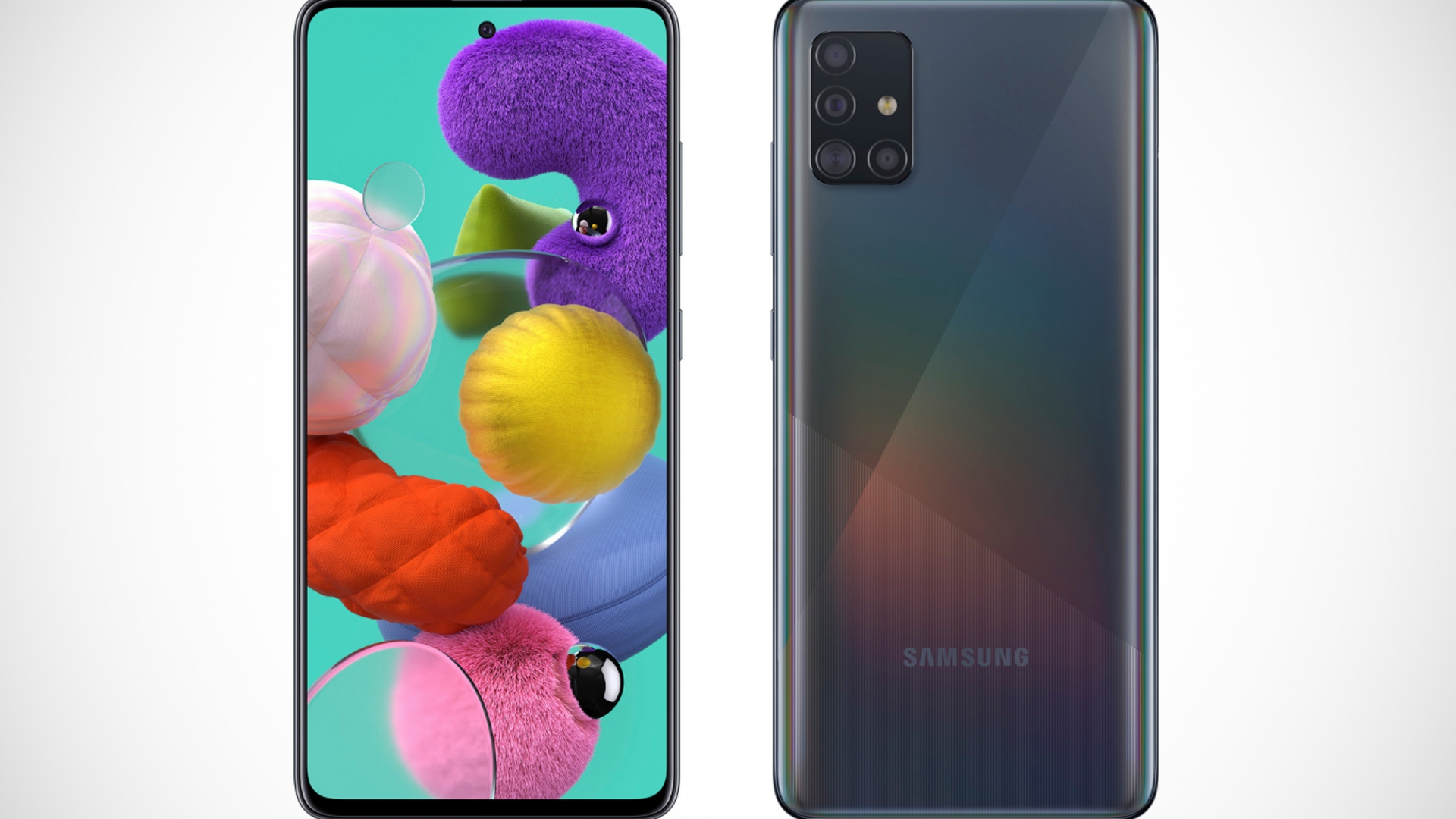Samsung Galaxy A51 Prism Crush Black Press Image Das Samsung Galaxy A51 in der Farbe Prism Crush Black beziehungsweise Schwarz von vorne und hinten.