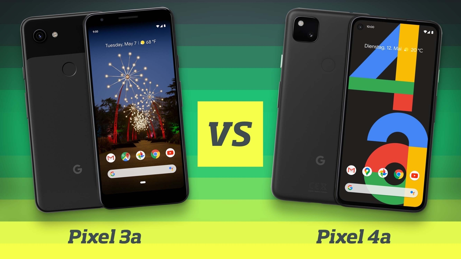 Google Pixel 3a Versus Google Pixel 4a Google Pixel 3a und Pixel 4a von vorne und hinten nebeneinander