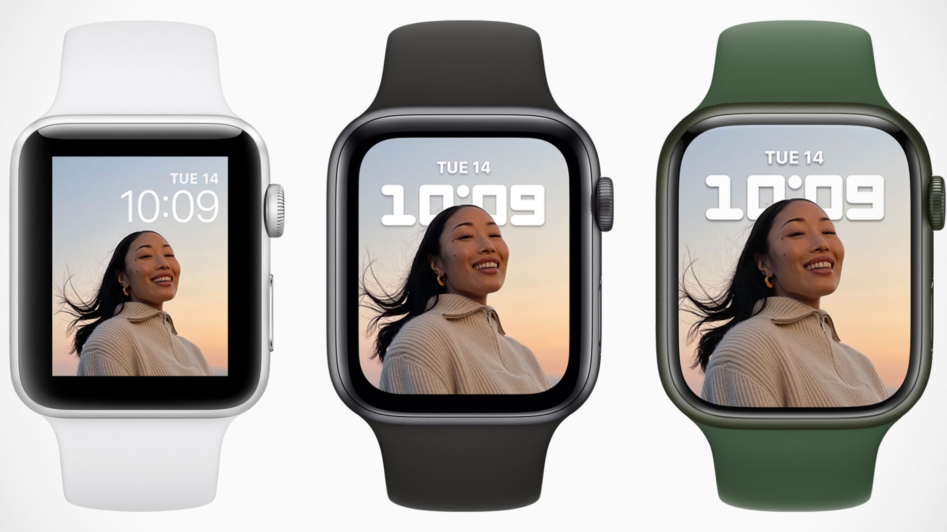 Apple Watch 7 neben SE und Apple Watch 3