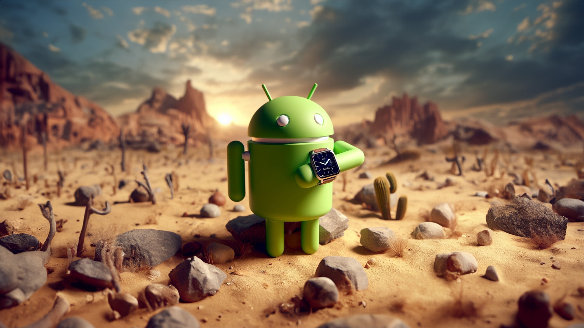 Nach einem groben Zeitplan ist nun auch ein konkretes Datum für den Android-16-Release aufgetaucht Android Maskottchen mit Apple Watch
