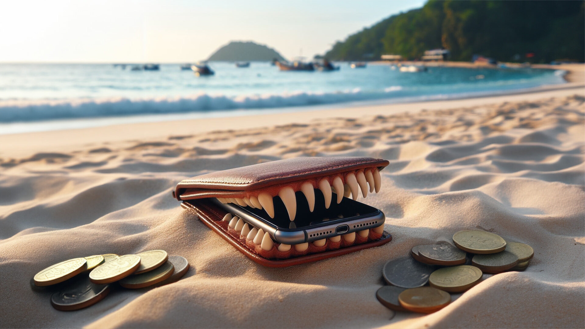 Wie viel Geld müsst ihr aktuell für das Galaxy A55 investieren? Eine Geldbörse futtert ein Handy am Strand