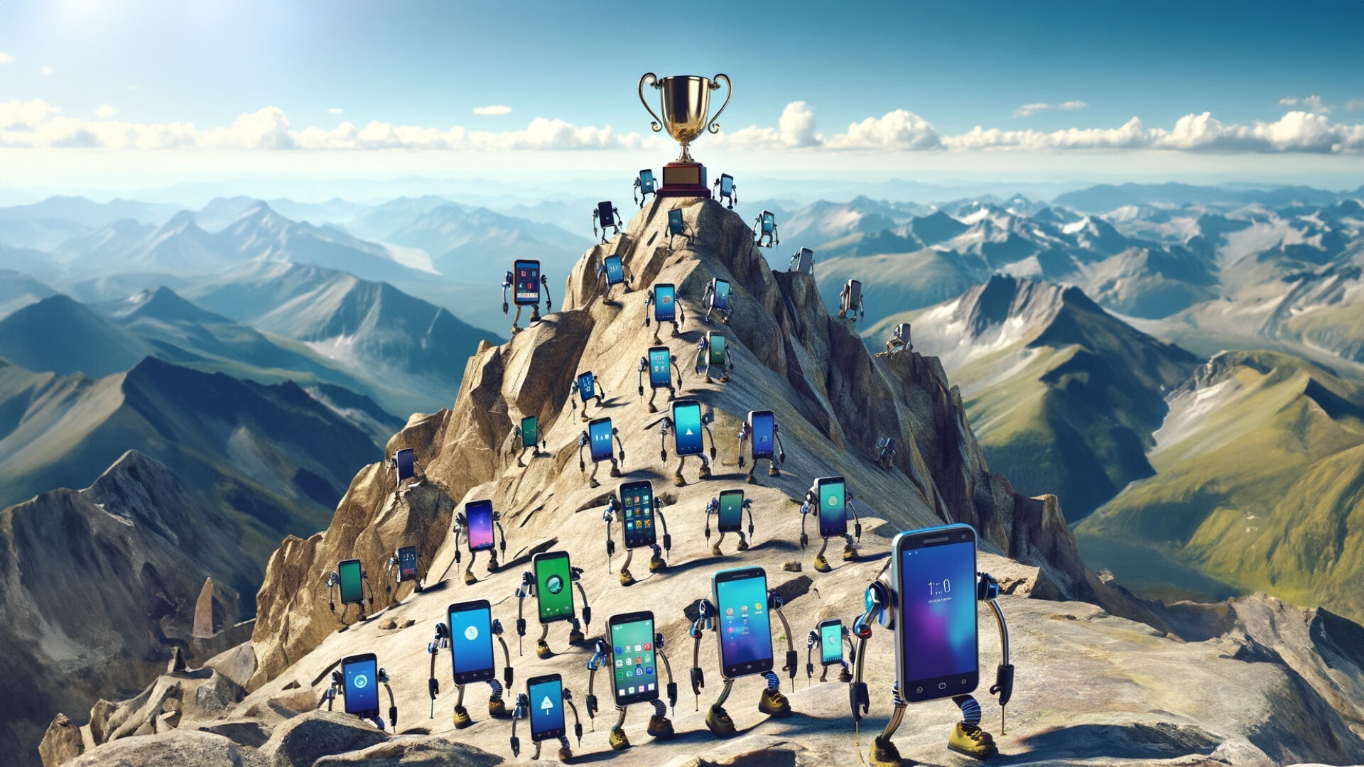 Das Galaxy A15 hat sich gegen etliche andere Handys durchgesetzt Smartphones erklimmen einen Berg