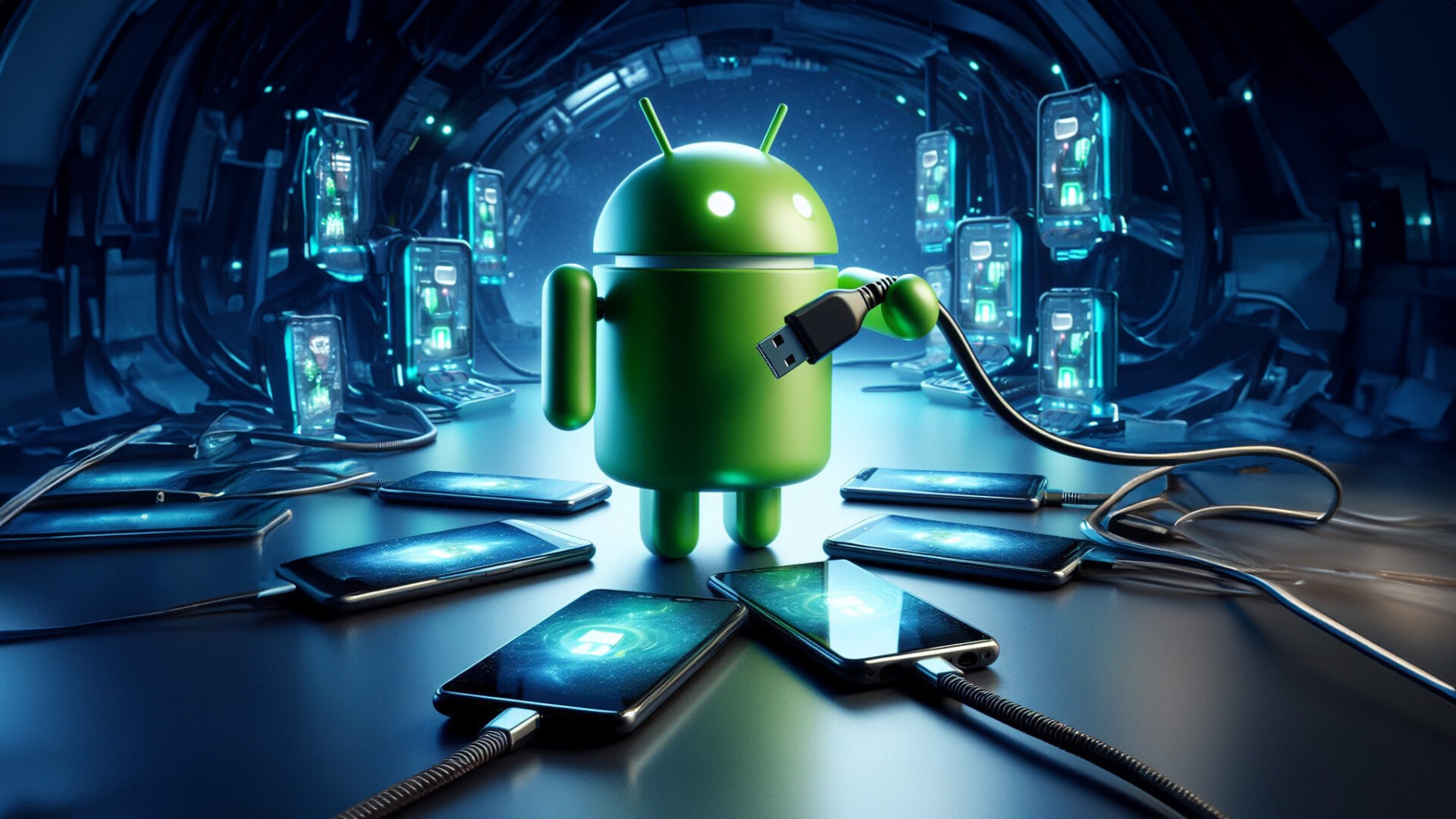 Wenn die Verteilung von Android 16 nur so simpel wäre wie auf diesem Foto... Android mit Handys und Kabel