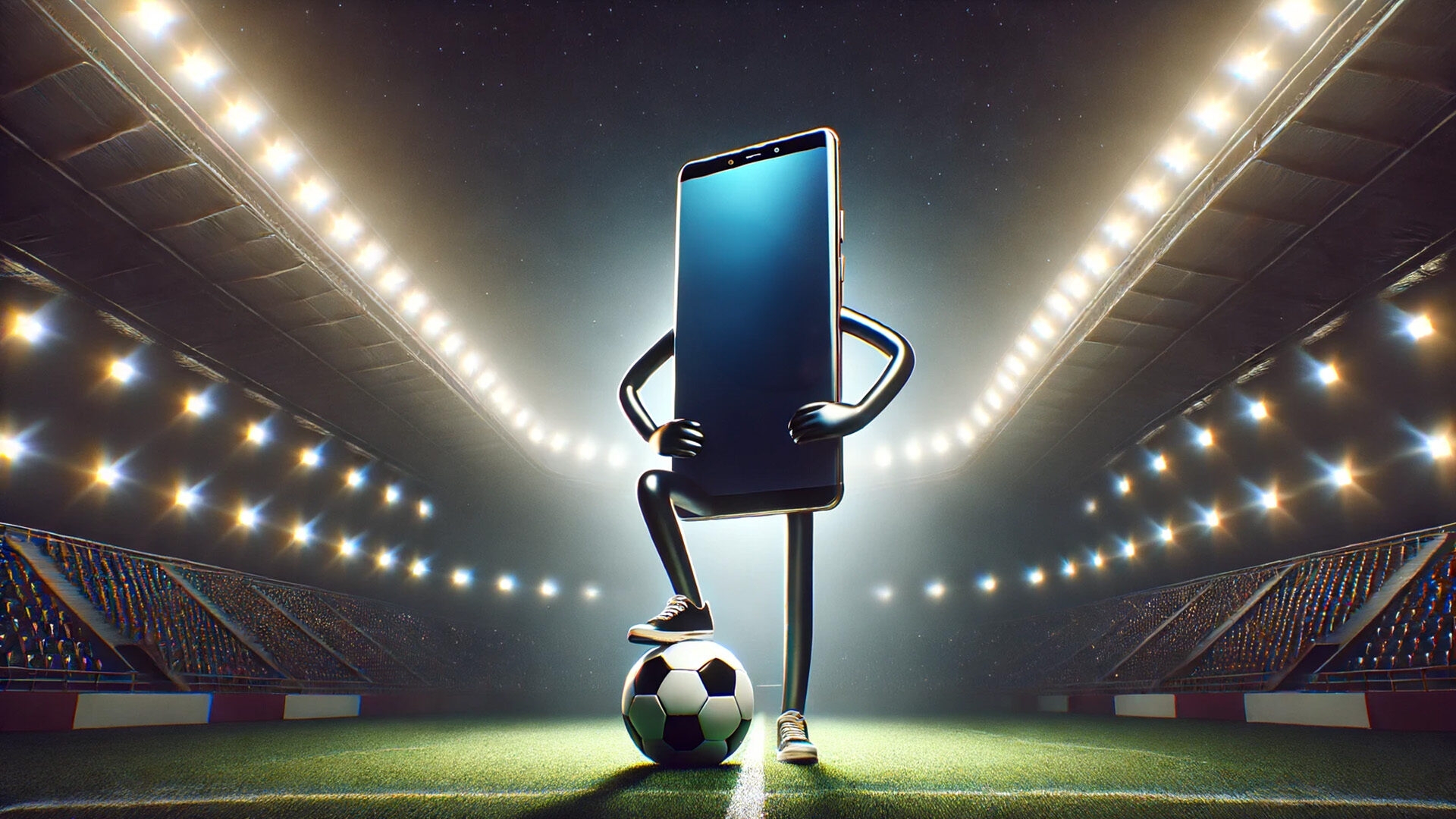 Wir klären euch auf, wie viel Datenvolumen euch ein Fußballspiel via mobiles Internet kosten kann Ein Handy mit Armen und Beinen im Fußballstadion