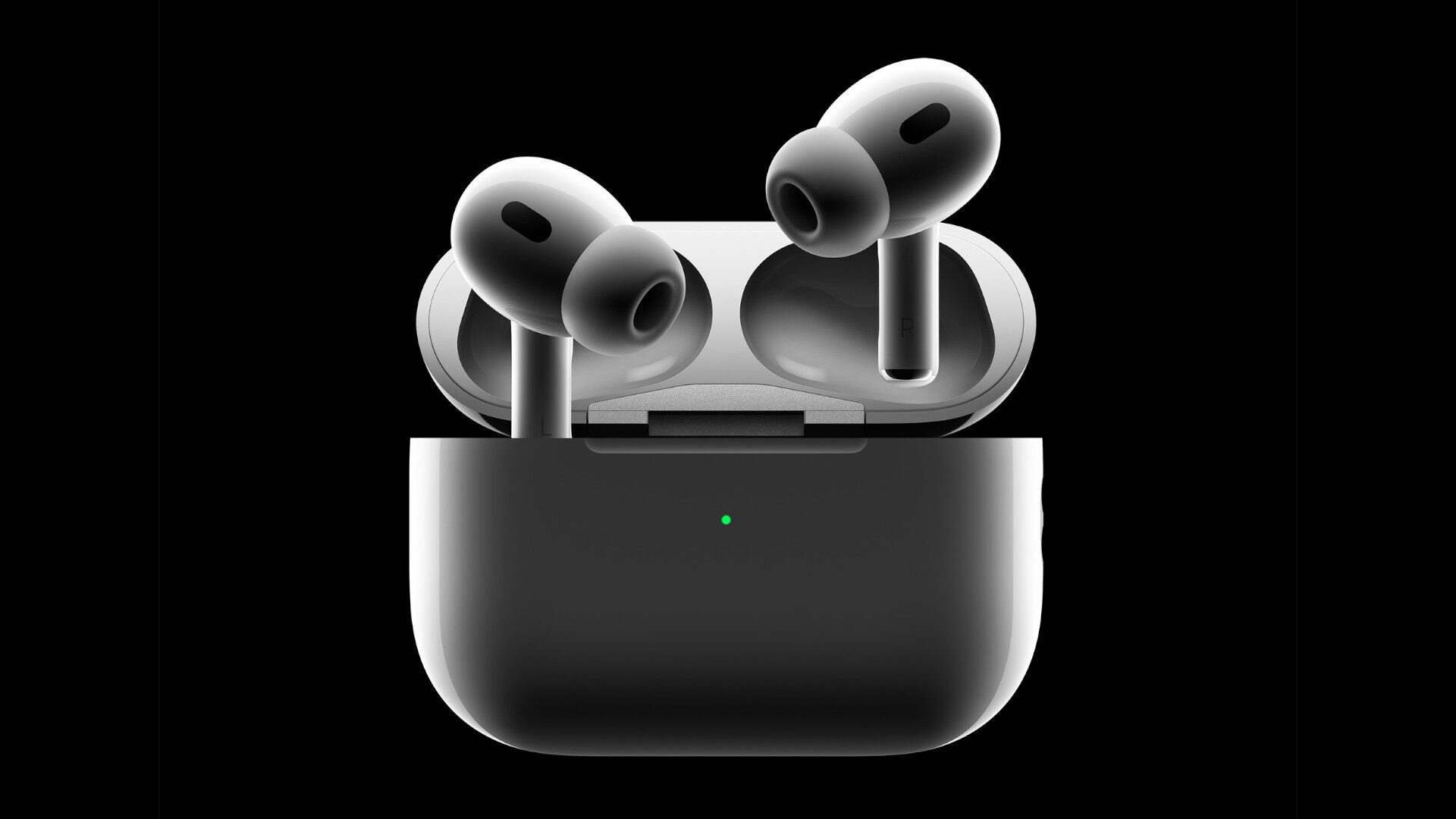 Die Apple AirPods Pro (2. Generation) vor einem schwarzen Hintergrund