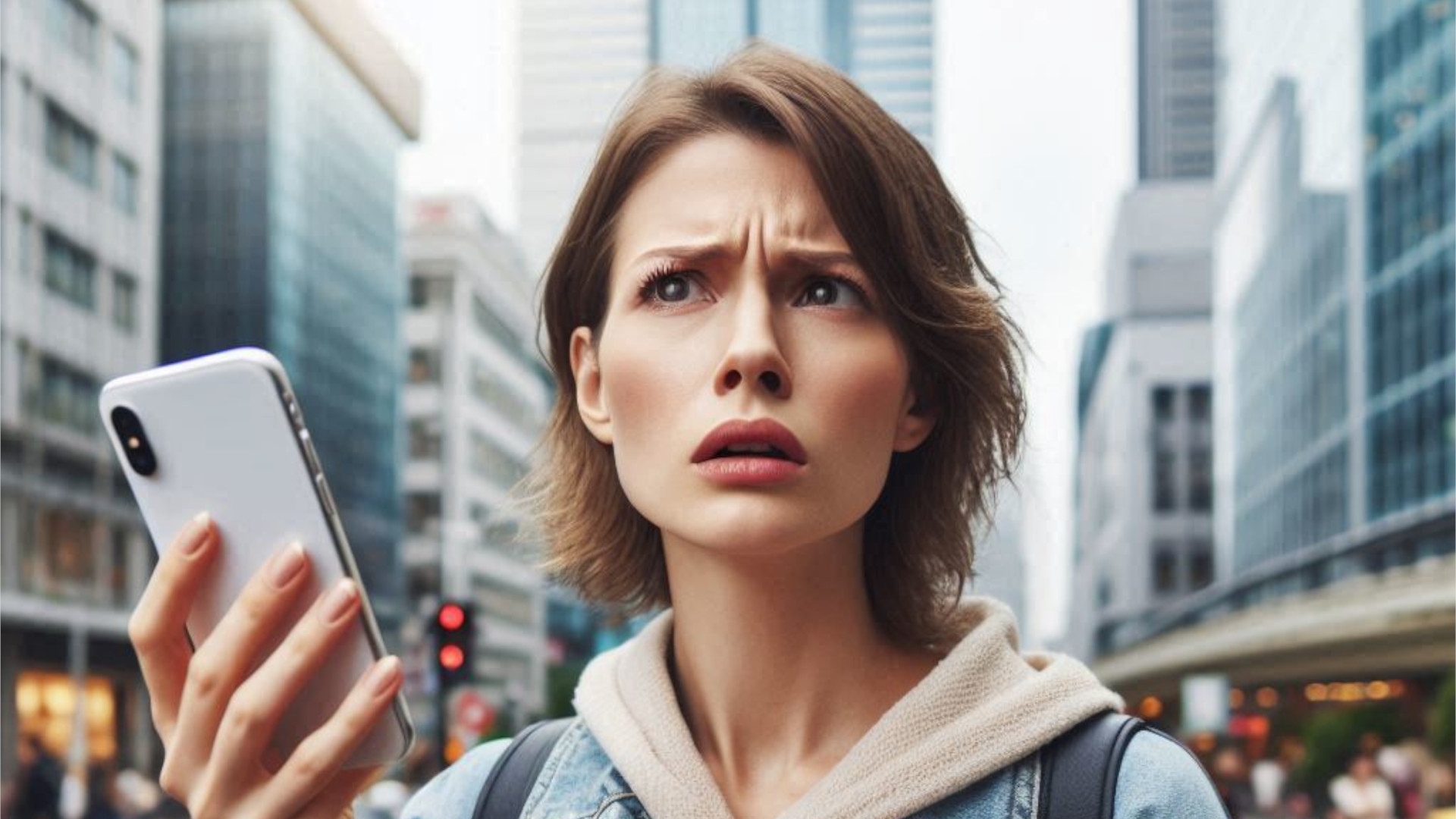 Frau mit iPhone in der Hand schaut fragend in den Himmel.