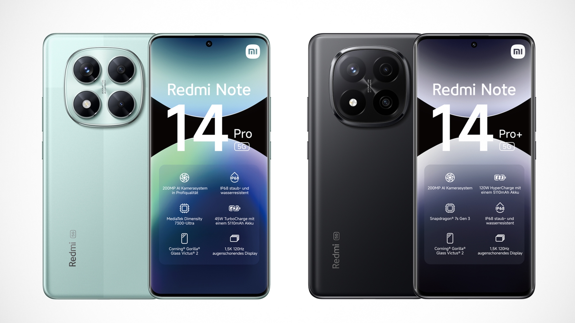 Redmi Note 14 Pro 5G (l.) und Redmi Note 14 Pro Plus 5G (r.) Redmi Note 14 Pro 5G vs Redmi Note 14 Pro Plus 5G