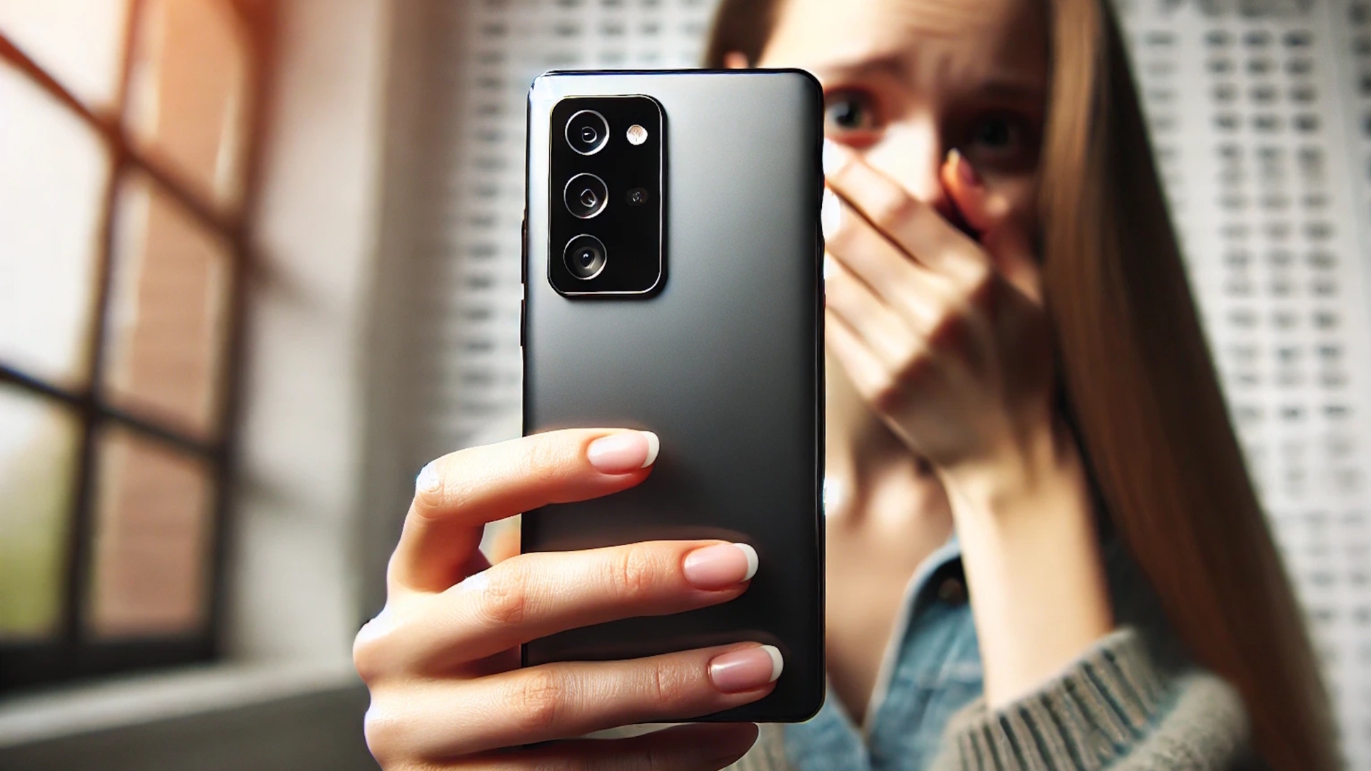 Google Safety Core warnt vor unangemessenen Inhalten  Frau schaut erschrocken auf ihr Handy