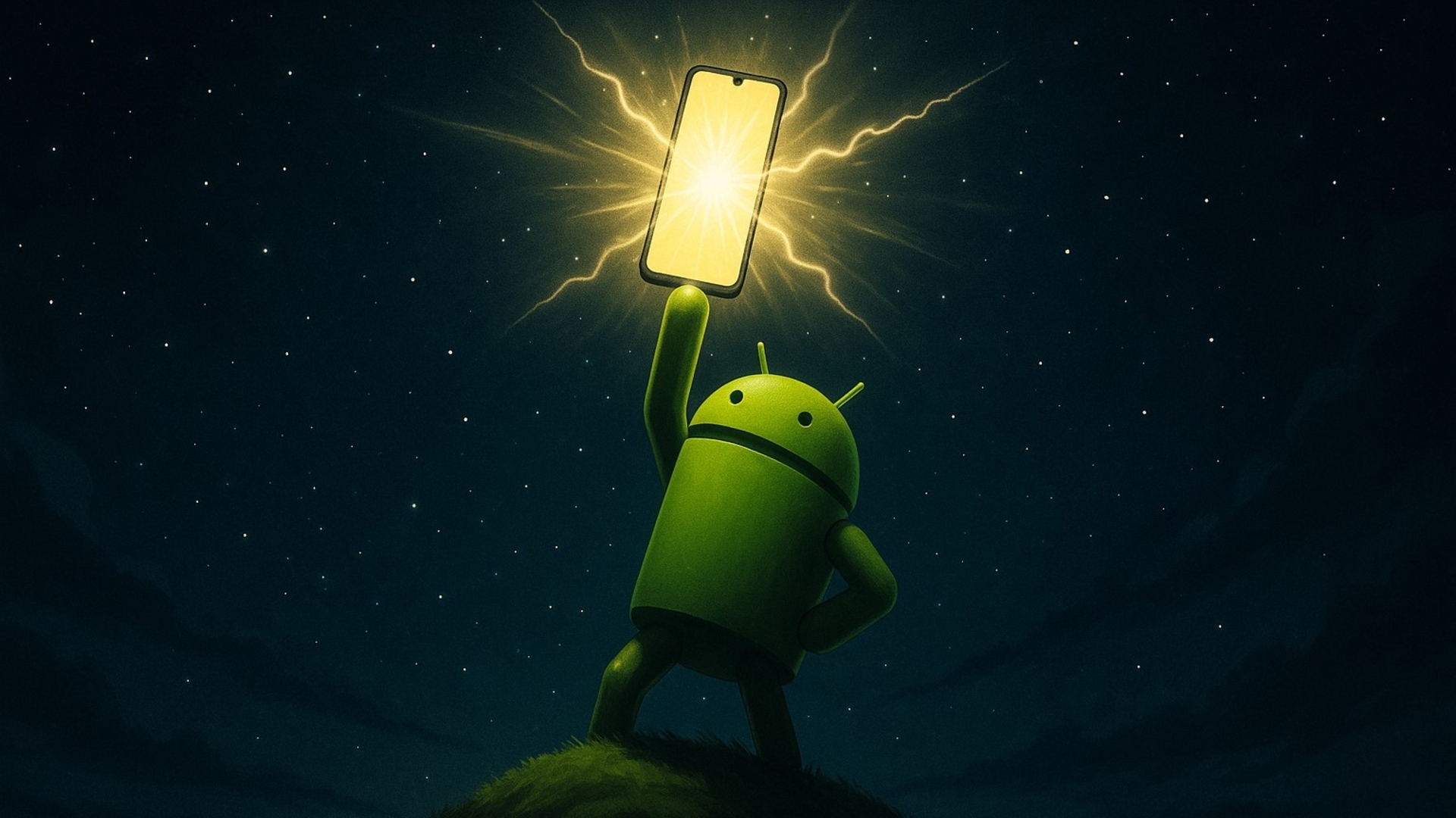 Android-Maskottchen mit Smartphone