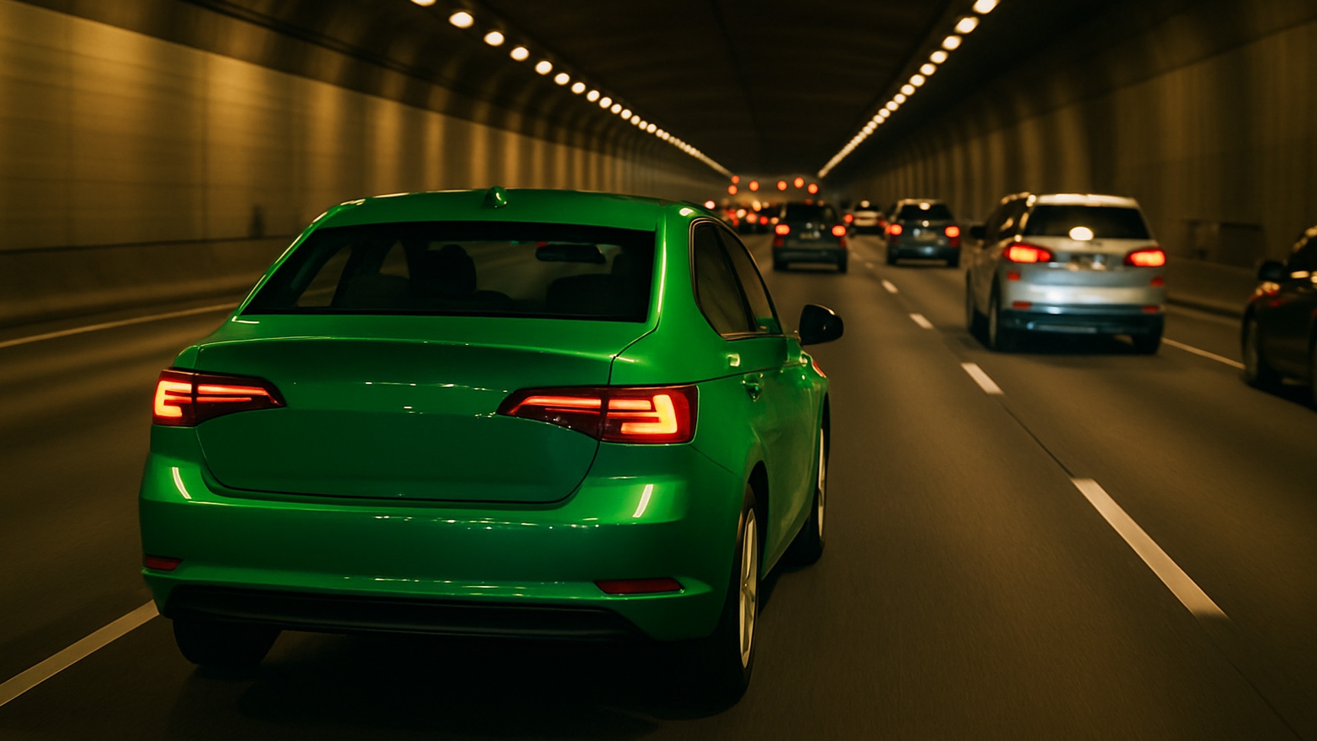 Grünes Auto fährt durch einen Tunnel