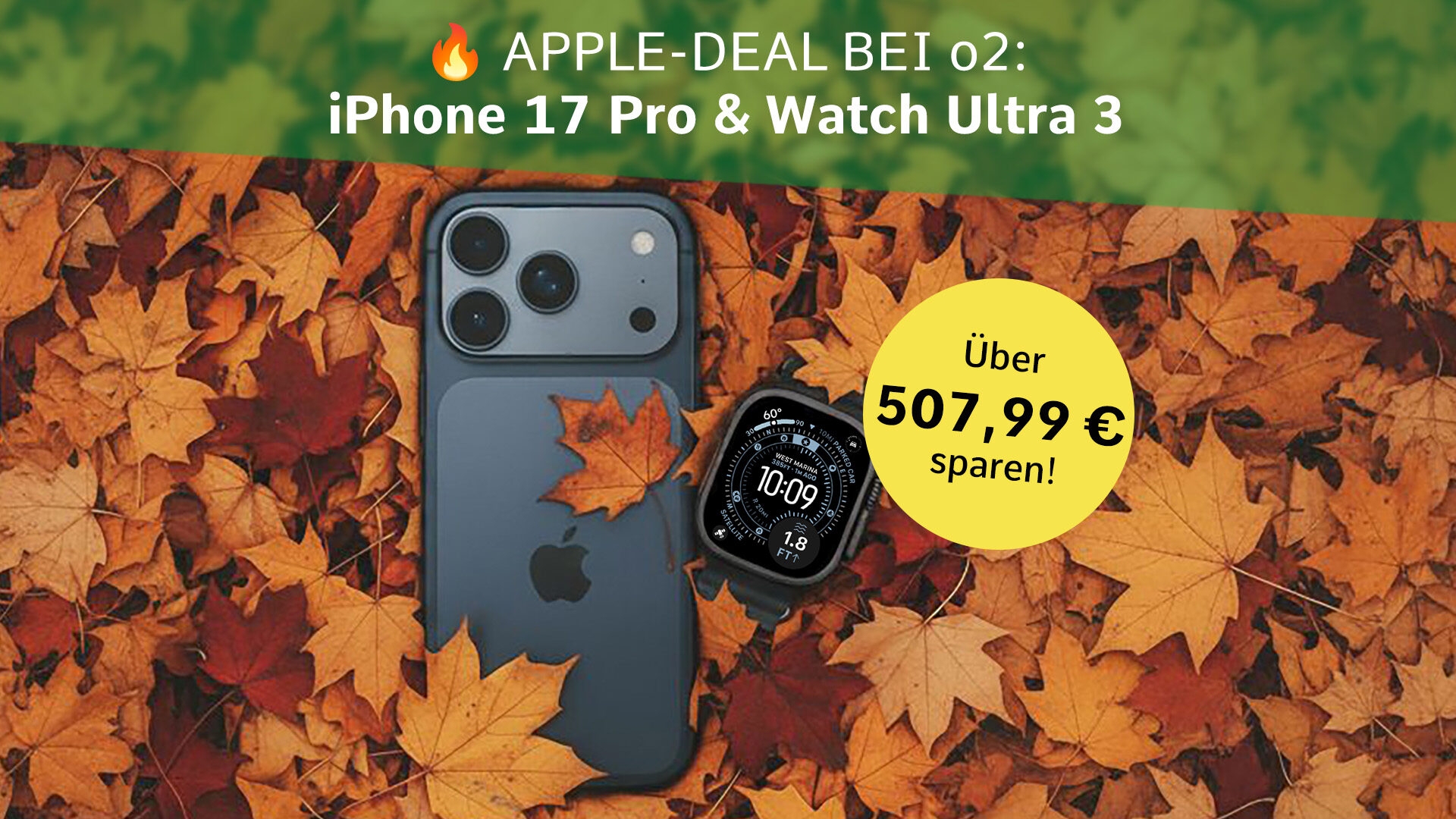 Apple iPhone 17 Pro und Apple Watch Ultra 3 liegen im herbstlichen Blätterhaufen