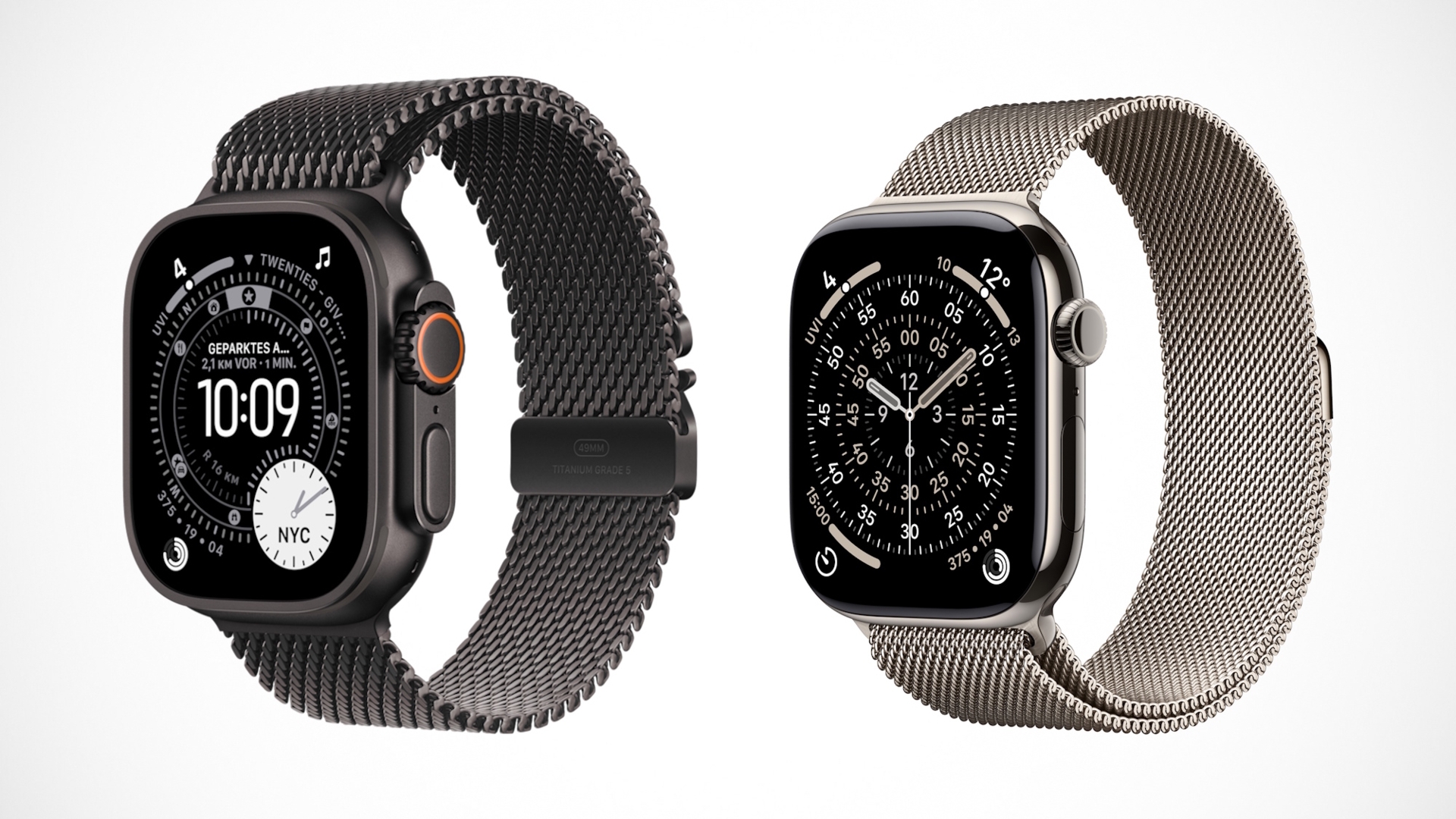 Apple Wacth Ultra 3 (l.) und Series 11 (r.) mit schickem Milanaise-Armband Apple Watch Ultra 3 und Series 11 im Vergleich