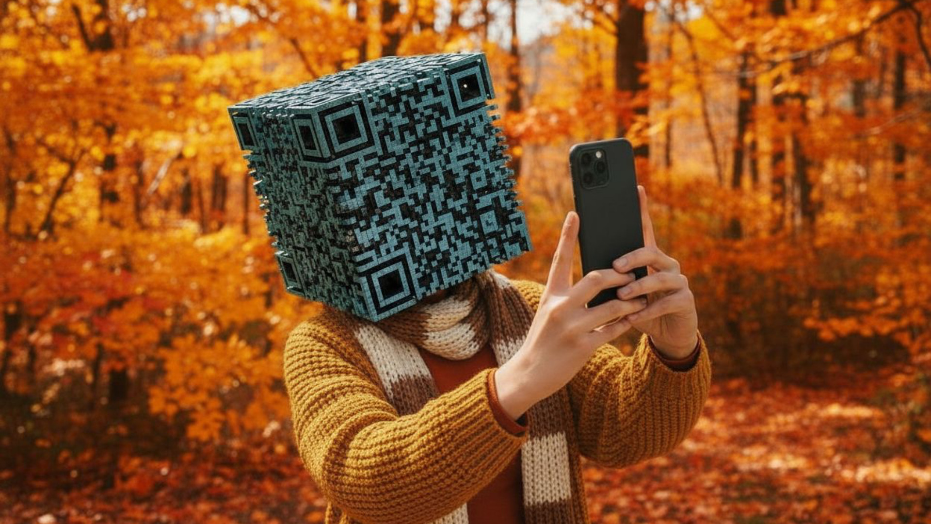 Frau mit QR-Code als Kopf macht Selfie