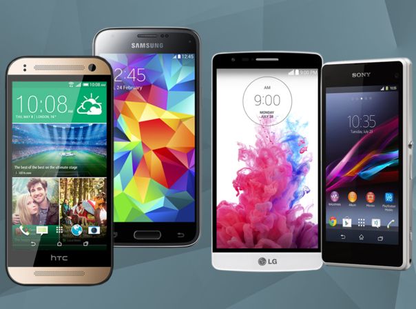 Mini-Ausgaben der Flaggschiff-Smartphones: HTC One mini 2, Samsung Galaxy S5 mini, LG G3 S und Sony Xperia Z1 Compact.