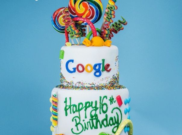 Google feiert mit einer großen Lollipop-gespickten Torte Geburtstag