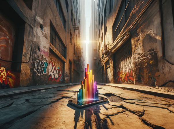 Die Statistik zeigt: Fake-Shops sorgen für einen hohen Millionenschaden  Umfrage-Balken kommen aus einem Handy-Display heraus