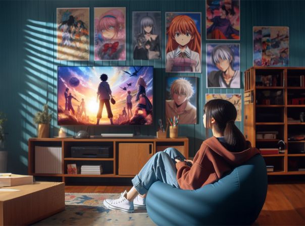 Person schaut Animes im Wohnzimmer