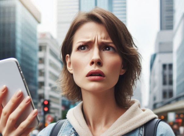 Frau mit iPhone in der Hand schaut fragend in den Himmel.