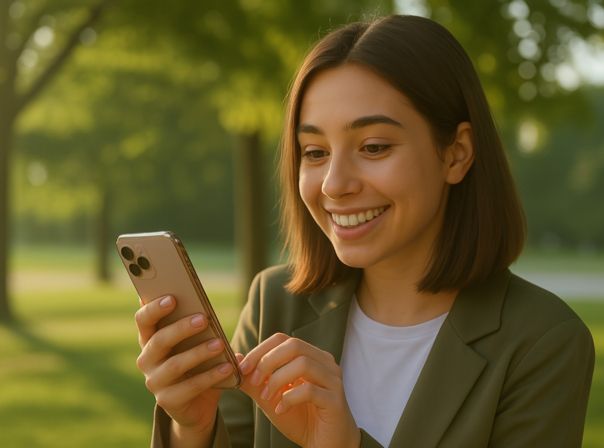 Frau mit iPhone im Park