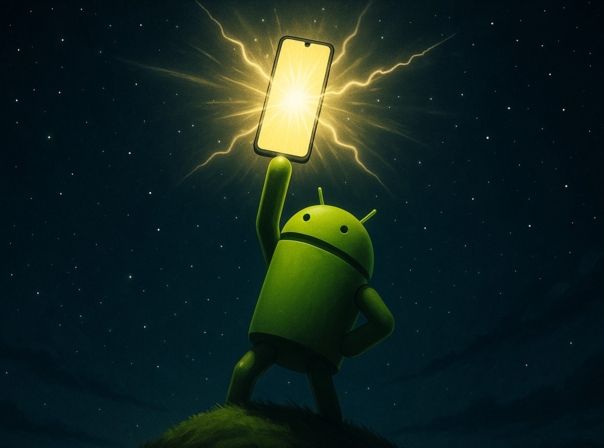 Android-Maskottchen mit Smartphone