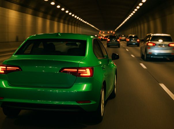 Mit Bluetooth-Beacons bestimmt ihr auch ohne GPS euren Standort. Das müsst ihr aber erst in Google Maps aktivieren. Danach verpasst ihr keine Ausfahrt am Ende des Tunnels mehr. Grünes Auto fährt durch einen Tunnel