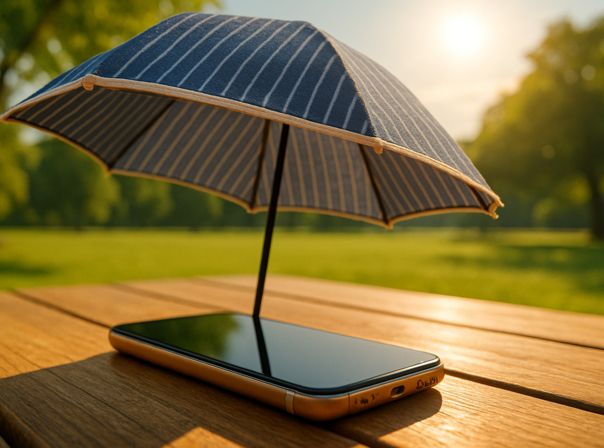 Hitzewelle in Deutschland: Smartphone liegt im Schatten unter einem Schirm