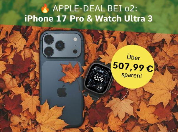 Apple iPhone 17 Pro und Apple Watch Ultra 3 liegen im herbstlichen Blätterhaufen