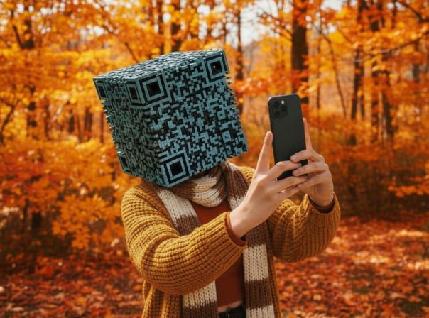 Selbst wenn ihr ein Foto von einem QR-Code macht, könnt ihr diesen mit unserer Anleitung nachträglich über das Handy-Display einscannen. Mit dem obigen "Foto eines QR-Codes" hat es unser Bilder-KI allerdings übertrieben. Frau mit QR-Code als Kopf macht Selfie