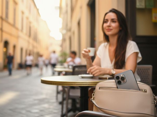 Vorsicht vor Dieben: Lasst euer Handy im Urlaub lieber nicht sichtbar herumliegen. Frau mit Smartphone im Cafe