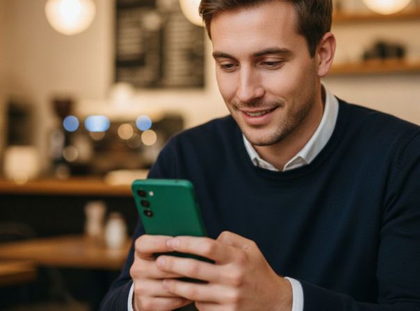 Mann mit grünem Smartphone