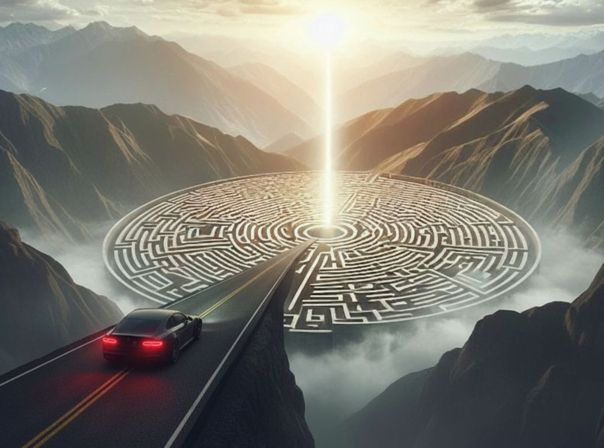 Ein Auto fährt auf einer langen Straße direkt zum Ziel eines Labyrinths