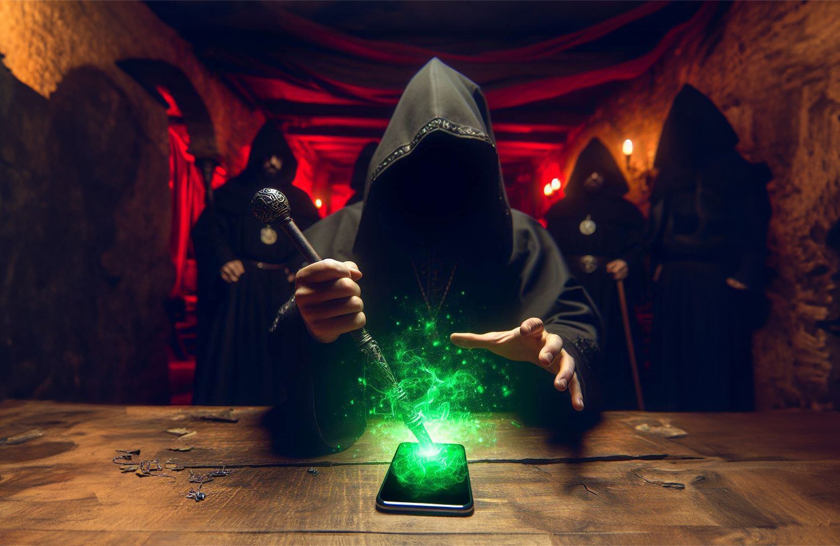 Ein MAgier wirkt einen Zauber auf ein Smartphone