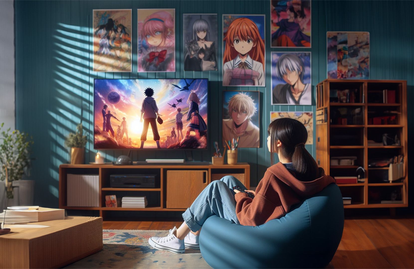 Person schaut Animes im Wohnzimmer