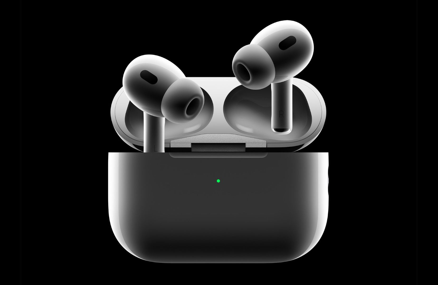 Die Apple AirPods Pro (2. Generation) vor einem schwarzen Hintergrund