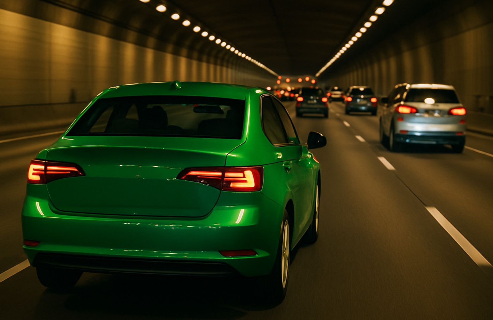Grünes Auto fährt durch einen Tunnel