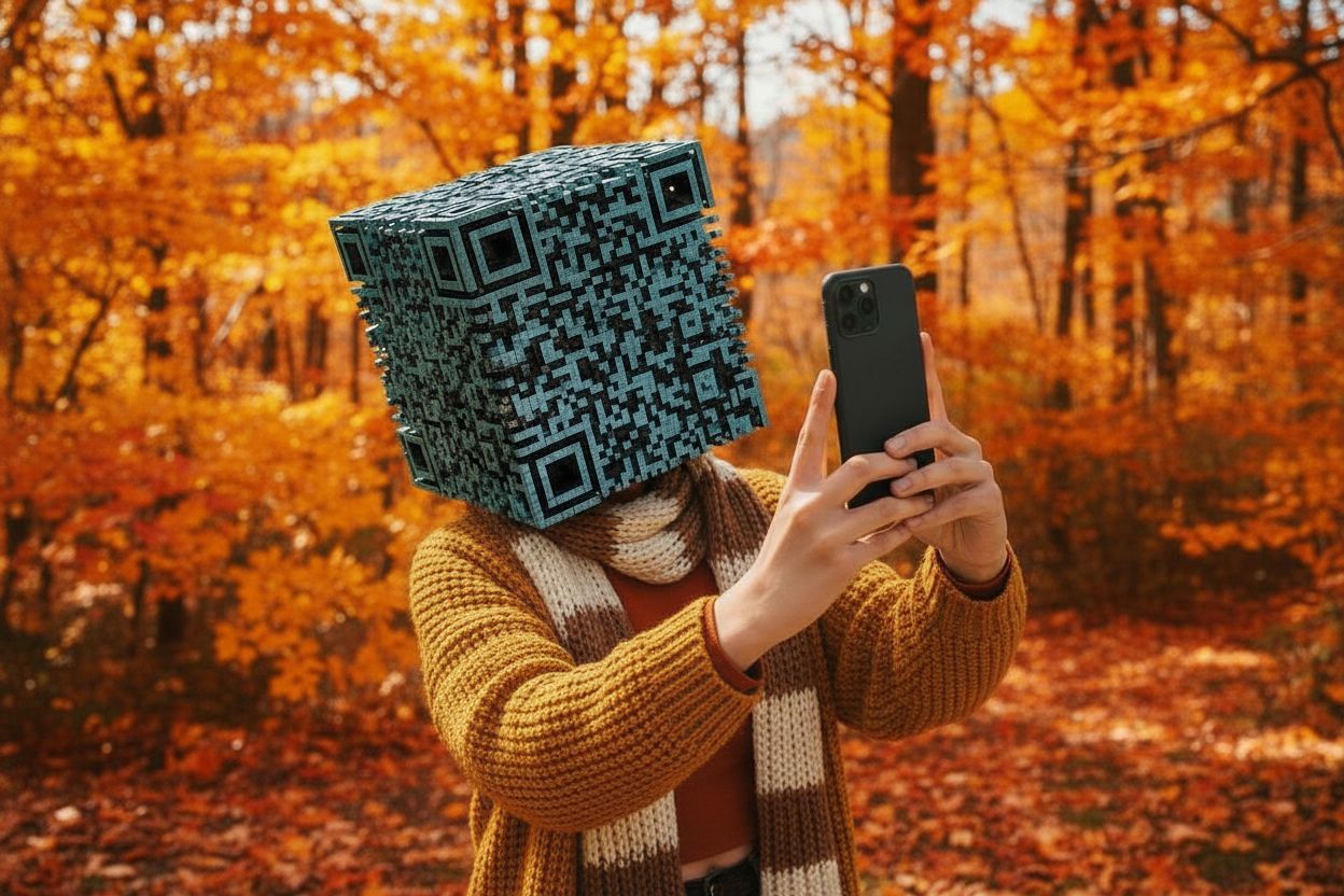 Selbst wenn ihr ein Foto von einem QR-Code macht, könnt ihr diesen mit unserer Anleitung nachträglich über das Handy-Display einscannen. Mit dem obigen "Foto eines QR-Codes" hat es unser Bilder-KI allerdings übertrieben. Frau mit QR-Code als Kopf macht Selfie