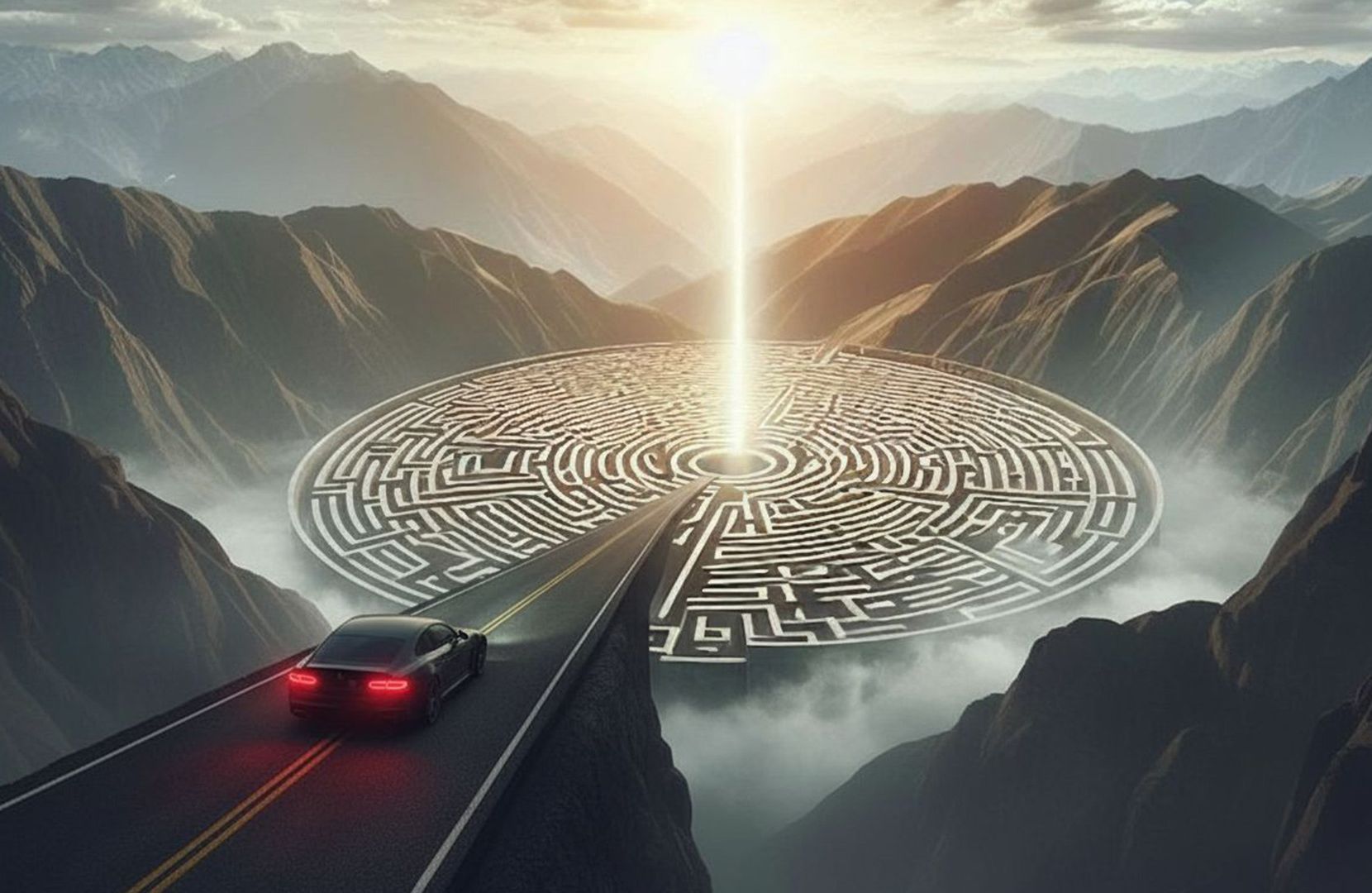 Ein Auto fährt auf einer langen Straße direkt zum Ziel eines Labyrinths