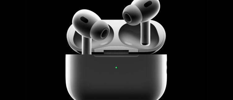 Die Apple AirPods Pro (2. Generation) vor einem schwarzen Hintergrund