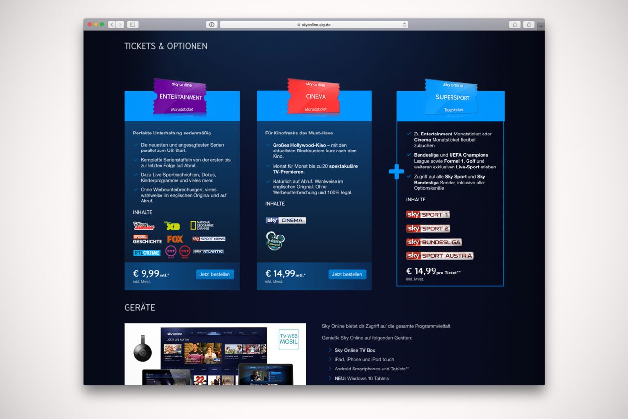 Die buchbaren Optionen und Pakete von Sky Online.