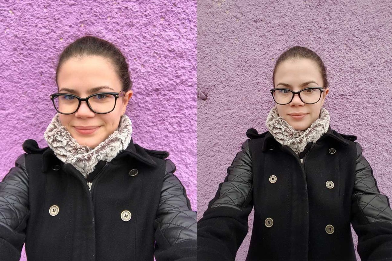 Das iPhone7 Plus (links) macht Selfies mit deutlich kräftigeren Farben als das Galaxy S7 Edge (rechts)