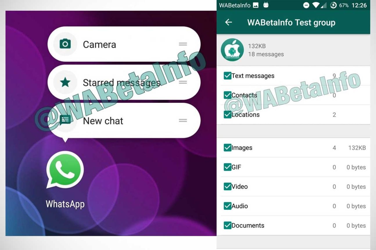 In der WhatsApp-Beta für Android gibt es Shortcuts (links) und ein Feature zur Speicherverwaltung (rechts)