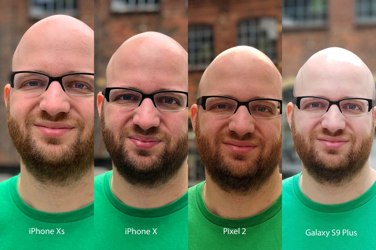 Kameravergleich, iPhone Xs, iPhone X, Galaxy S9 Plus, Pixel 2 Vier Porträtfotos nebeneinander moniert
