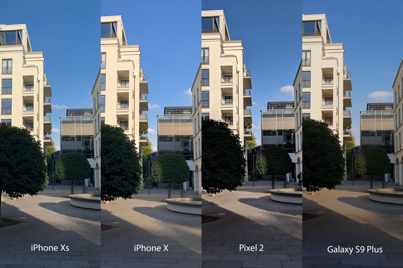 Kameravergleich, iPhone Xs, iPhone X, Galaxy S9 Plus, Pixel 2 vier Bildausschnitte nebeneinander montiert