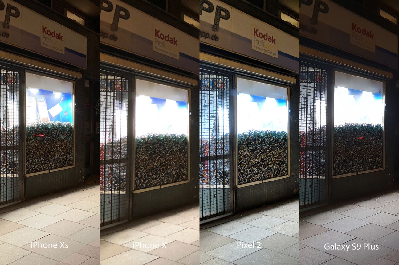 Kameravergleich, iPhone Xs, iPhone X, Galaxy S9 Plus, Pixel 2 vier Bildausschnitte nebeneinander montiert