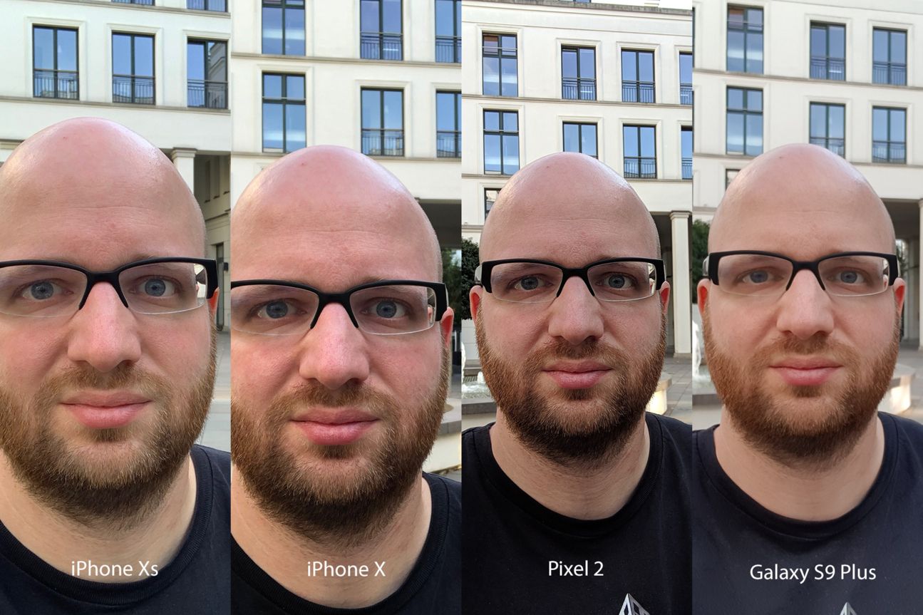 Kameravergleich, iPhone Xs, iPhone X, Galaxy S9 Plus, Pixel 2 vier Bildausschnitte nebeneinander montiert